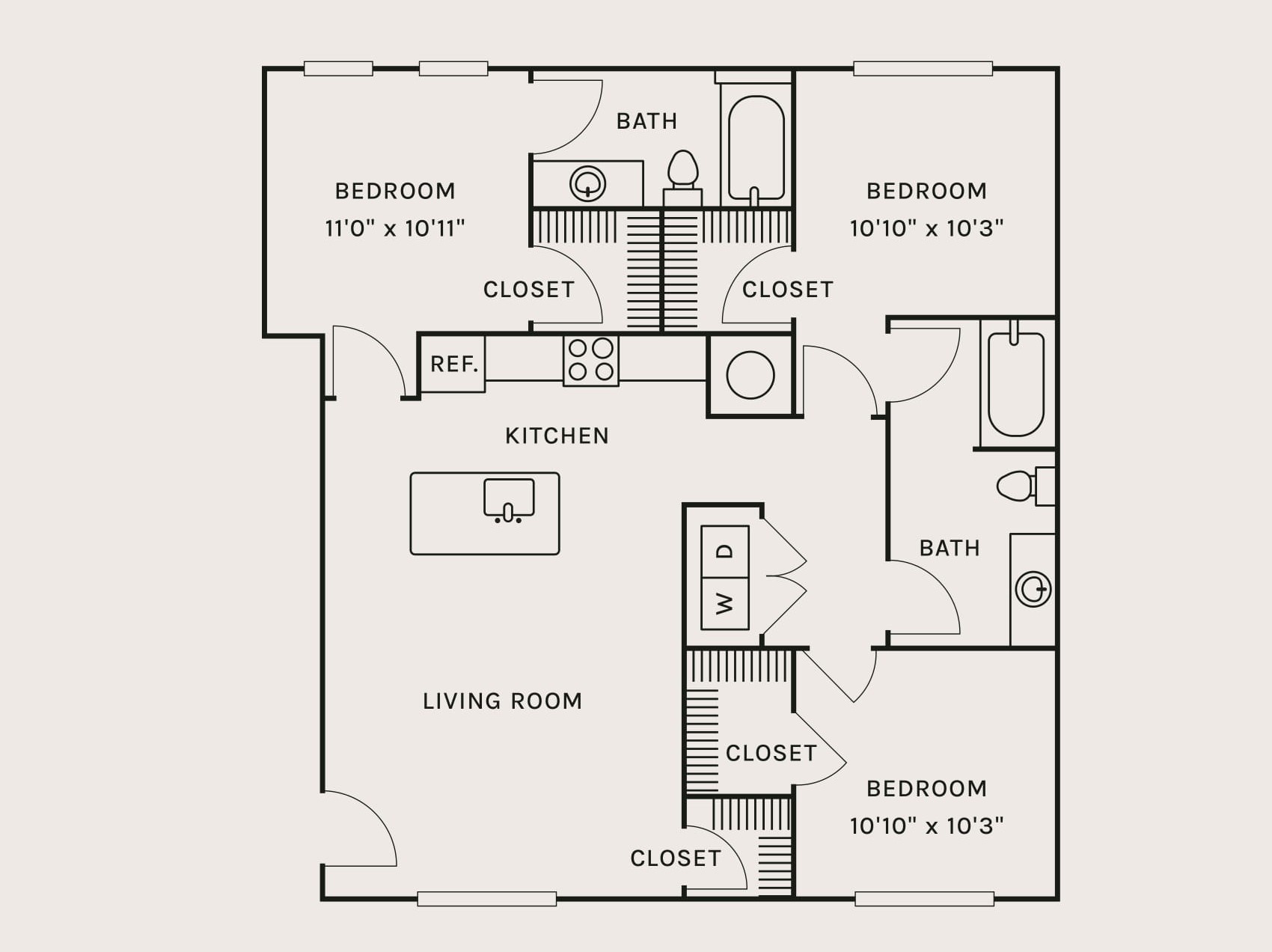 Floor plan for 3 beds, 2 baths, 1179 sqft